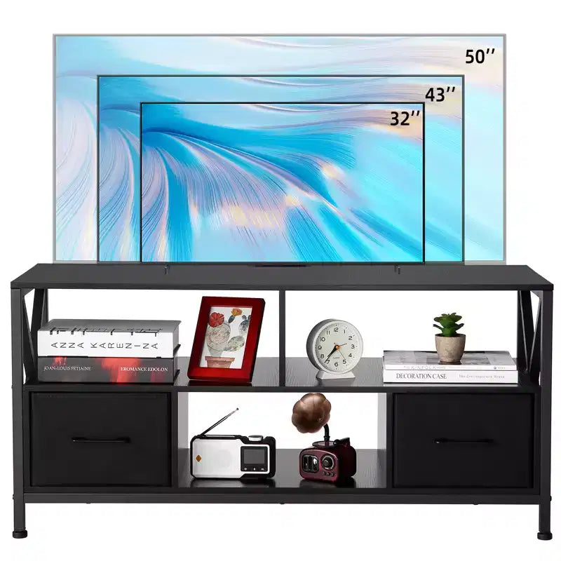 Meuble TV COZONY pour téléviseur 50 pouces, centre de divertissement avec tiroirs en tissu et étagères ouvertes, unité de rangement pour salon, chambre, entrée
