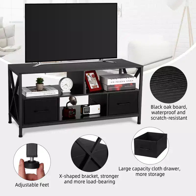 Meuble TV COZONY pour téléviseur 50 pouces, centre de divertissement avec tiroirs en tissu et étagères ouvertes, unité de rangement pour salon, chambre, entrée