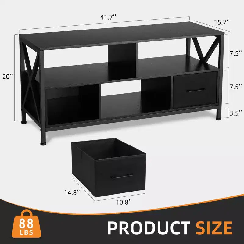 Meuble TV COZONY pour téléviseur 50 pouces, centre de divertissement avec tiroirs en tissu et étagères ouvertes, unité de rangement pour salon, chambre, entrée