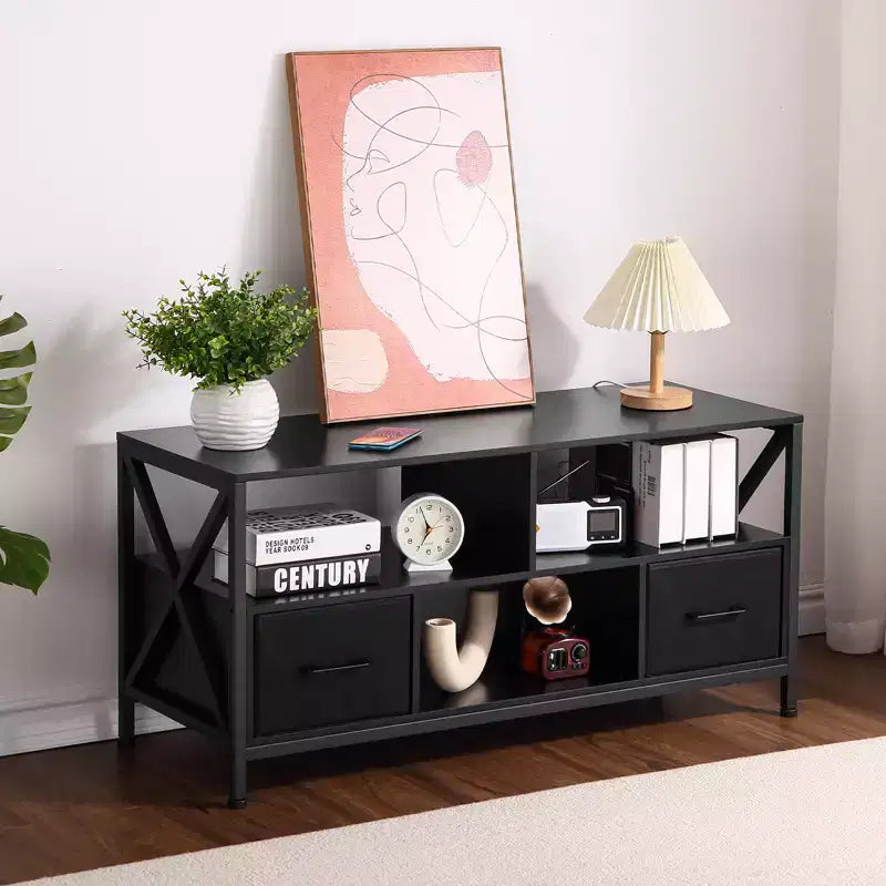 Meuble TV COZONY pour téléviseur 50 pouces, centre de divertissement avec tiroirs en tissu et étagères ouvertes, unité de rangement pour salon, chambre, entrée