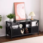 Meuble TV COZONY pour téléviseur 50 pouces, centre de divertissement avec tiroirs en tissu et étagères ouvertes, unité de rangement pour salon, chambre, entrée