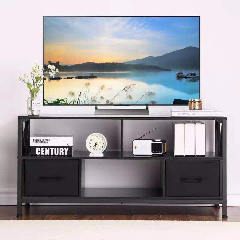 Meuble TV COZONY pour téléviseur 50 pouces, centre de divertissement avec tiroirs en tissu et étagères ouvertes, unité de rangement pour salon, chambre, entrée