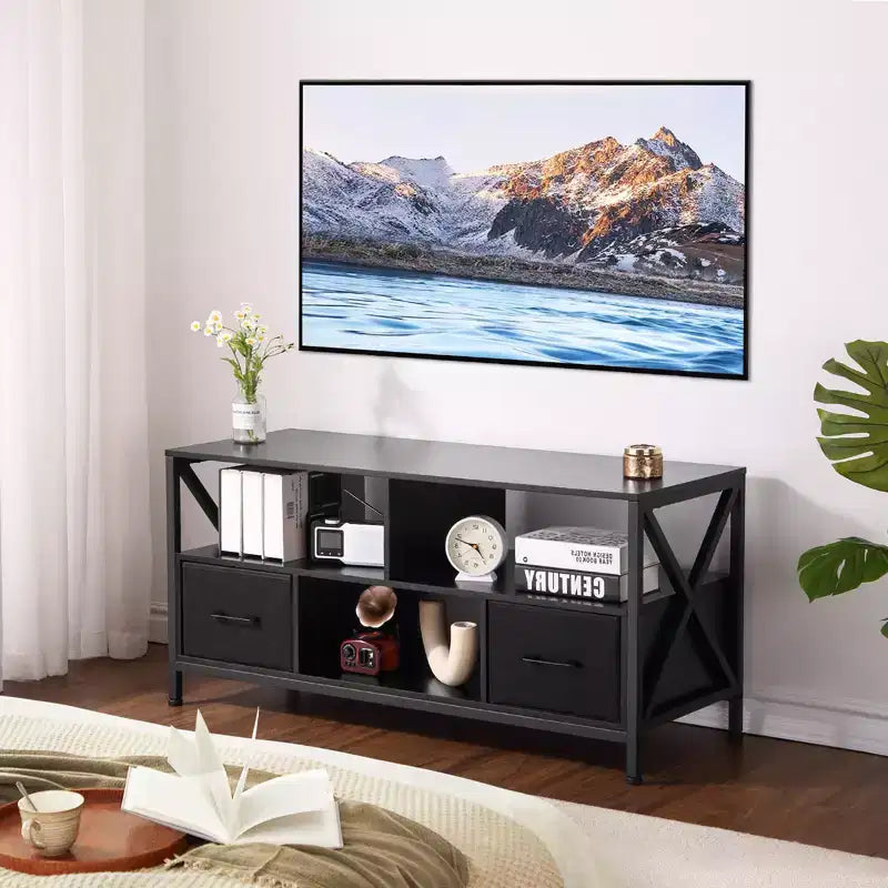 Meuble TV COZONY pour téléviseur 50 pouces, centre de divertissement avec tiroirs en tissu et étagères ouvertes, unité de rangement pour salon, chambre, entrée
