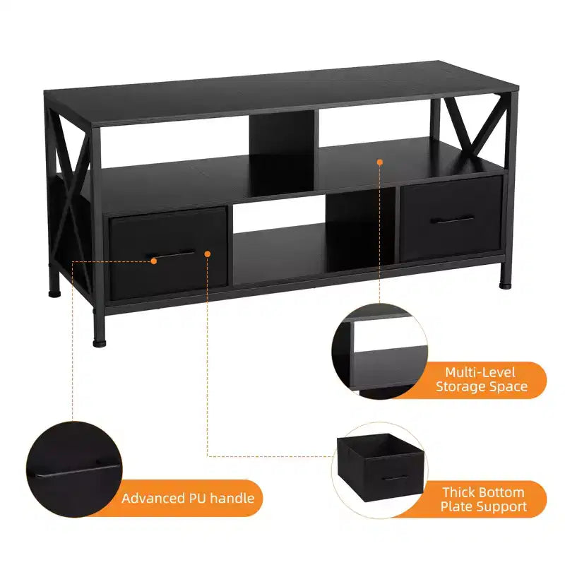 Meuble TV COZONY pour téléviseur 50 pouces, centre de divertissement avec tiroirs en tissu et étagères ouvertes, unité de rangement pour salon, chambre, entrée