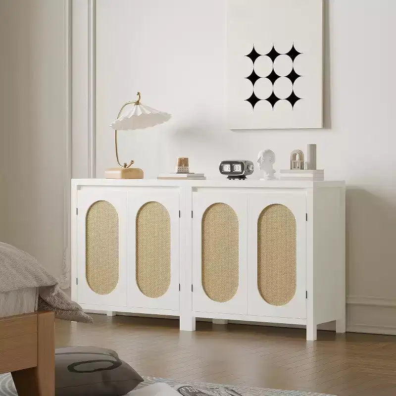 COZONY 30 Mid Century Rattan Sideboard Buffet with Adjustable Shelves, Retro Storage Cabinet for Living Room or Dining Room