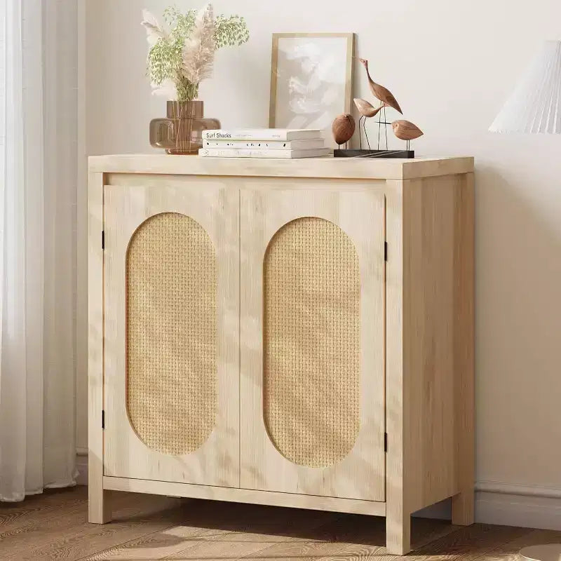 COZONY 30 Buffet bahut en rotin style Mid-Century avec étagères réglables, meuble de rangement rétro pour salon ou salle à manger