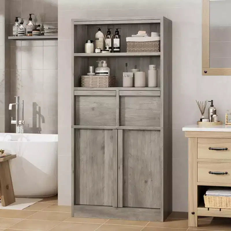 Meuble de Rangement Salle de Bain Haut de 129 cm, Meuble Bas Autonome avec 2 Tiroirs, Meuble de Rangement pour Salon Cuisine Salle de Bain