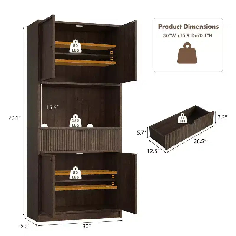 Meuble de rangement haut de cuisine de 178 cm, meuble de rangement en bois cannelé avec étagères réglables, meuble de rangement de salle de bain autoportant