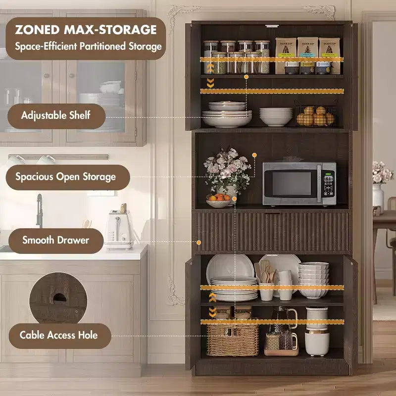 Meuble de rangement haut de cuisine de 178 cm, meuble de rangement en bois cannelé avec étagères réglables, meuble de rangement de salle de bain autoportant