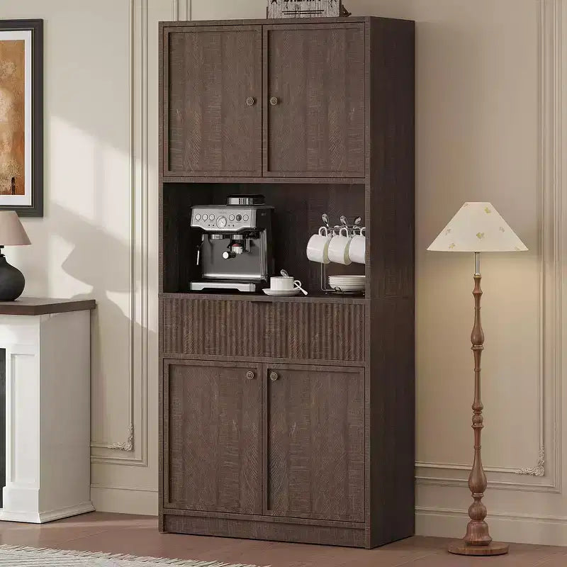 Meuble de rangement haut de cuisine de 178 cm, meuble de rangement en bois cannelé avec étagères réglables, meuble de rangement de salle de bain autoportant