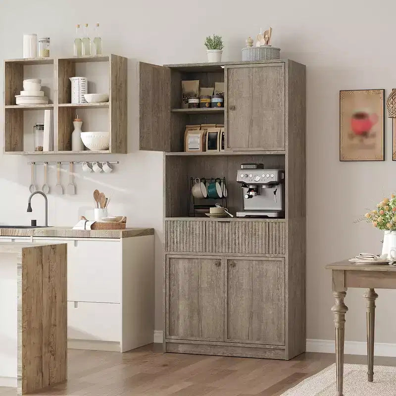 Meuble de rangement haut de cuisine de 178 cm, meuble de rangement en bois cannelé avec étagères réglables, meuble de rangement de salle de bain autoportant