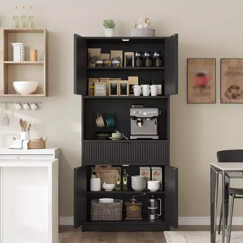 Meuble de rangement haut de cuisine de 178 cm, meuble de rangement en bois cannelé avec étagères réglables, meuble de rangement de salle de bain autoportant