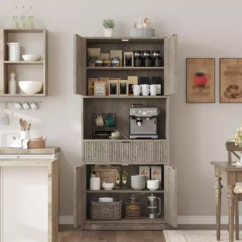 Meuble de rangement haut de cuisine de 178 cm, meuble de rangement en bois cannelé avec étagères réglables, meuble de rangement de salle de bain autoportant