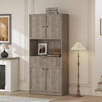 Meuble de rangement haut de cuisine de 178 cm, meuble de rangement en bois cannelé avec étagères réglables, meuble de rangement de salle de bain autoportant
