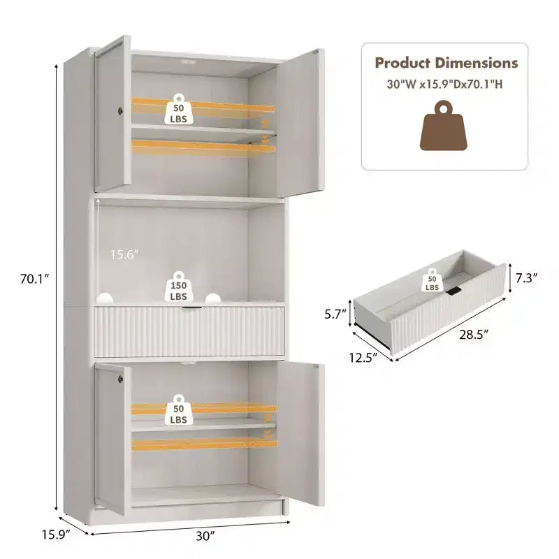 Meuble de rangement haut de cuisine de 178 cm, meuble de rangement en bois cannelé avec étagères réglables, meuble de rangement de salle de bain autoportant