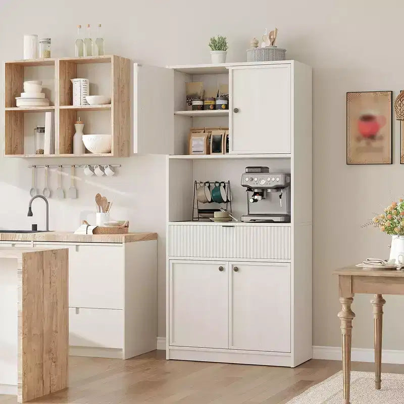Meuble de rangement haut de cuisine de 178 cm, meuble de rangement en bois cannelé avec étagères réglables, meuble de rangement de salle de bain autoportant