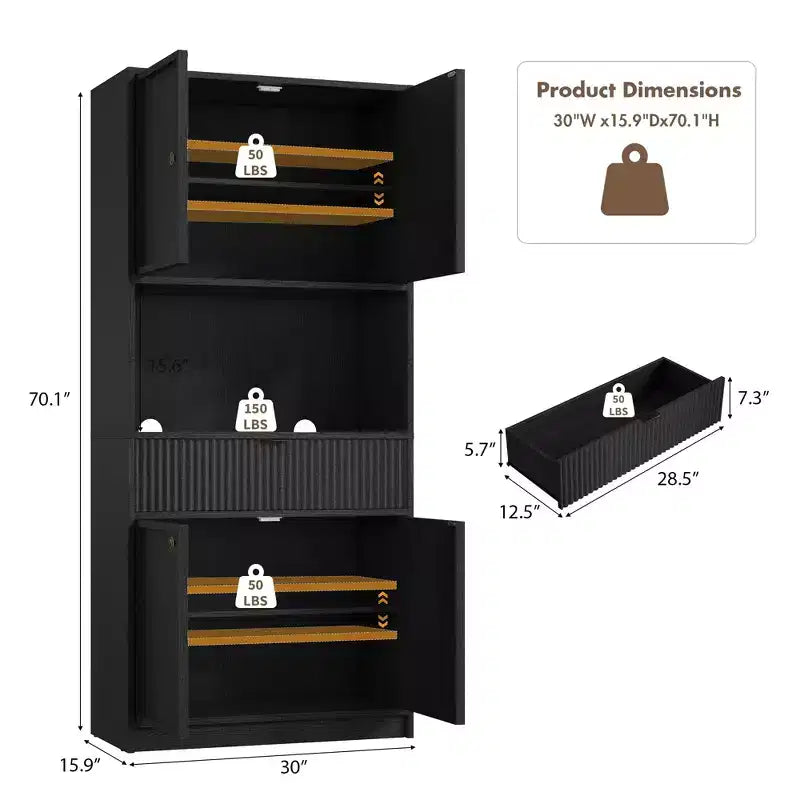Meuble de rangement haut de cuisine de 178 cm, meuble de rangement en bois cannelé avec étagères réglables, meuble de rangement de salle de bain autoportant