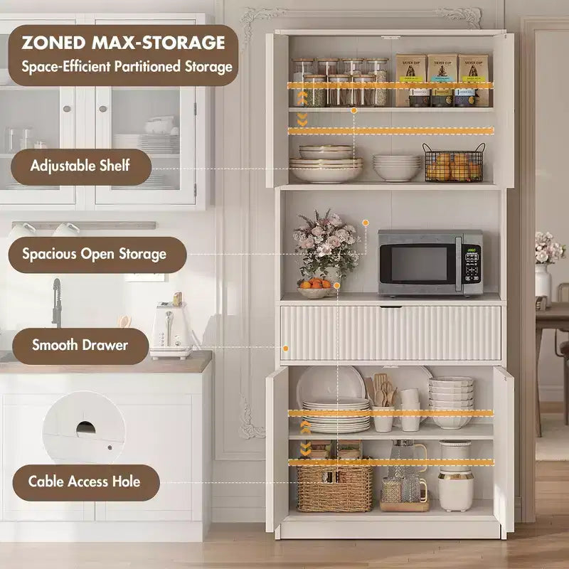 Meuble de rangement haut de cuisine de 178 cm, meuble de rangement en bois cannelé avec étagères réglables, meuble de rangement de salle de bain autoportant
