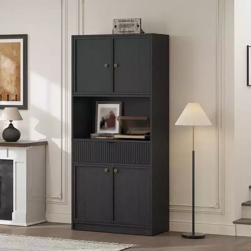 Meuble de rangement haut de cuisine de 178 cm, meuble de rangement en bois cannelé avec étagères réglables, meuble de rangement de salle de bain autoportant