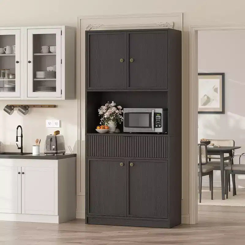 70 Tall Kitchen Pantry Cabinet, Fluted Wooden Cupboard Storage Cabinet with Adjustable Shelves, Freestanding Bathroom Storage Cabinet