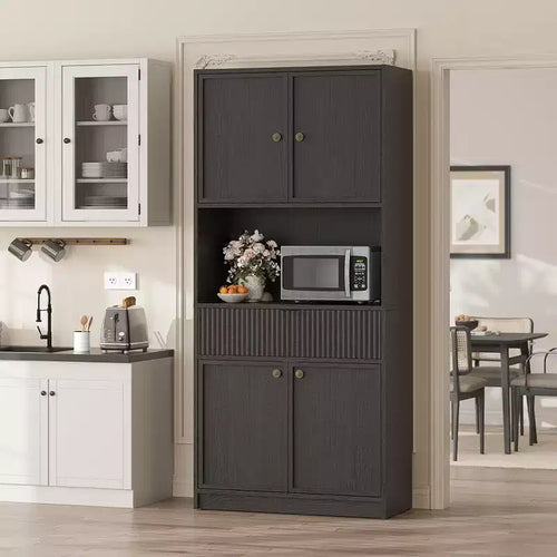 70 Tall Kitchen Pantry Cabinet, Fluted Wooden Cupboard Storage Cabinet with Adjustable Shelves, Freestanding Bathroom Storage Cabinet