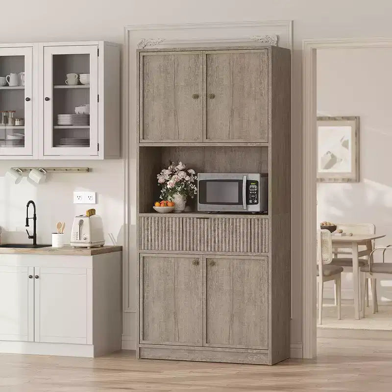 Meuble de rangement haut de cuisine de 178 cm, meuble de rangement en bois cannelé avec étagères réglables, meuble de rangement de salle de bain autoportant