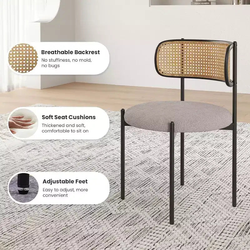 Chaises de salle à manger modernes rembourrées, lot de 4, dossier en rotin, chaises d'appoint de cuisine avec pieds en métal, rose