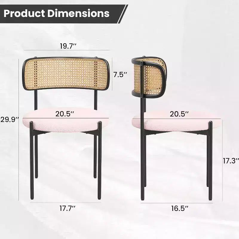 Chaises de salle à manger modernes rembourrées, lot de 4, dossier en rotin, chaises d'appoint de cuisine avec pieds en métal, rose