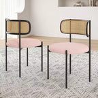 Chaises de salle à manger modernes rembourrées, lot de 4, dossier en rotin, chaises d'appoint de cuisine avec pieds en métal, rose