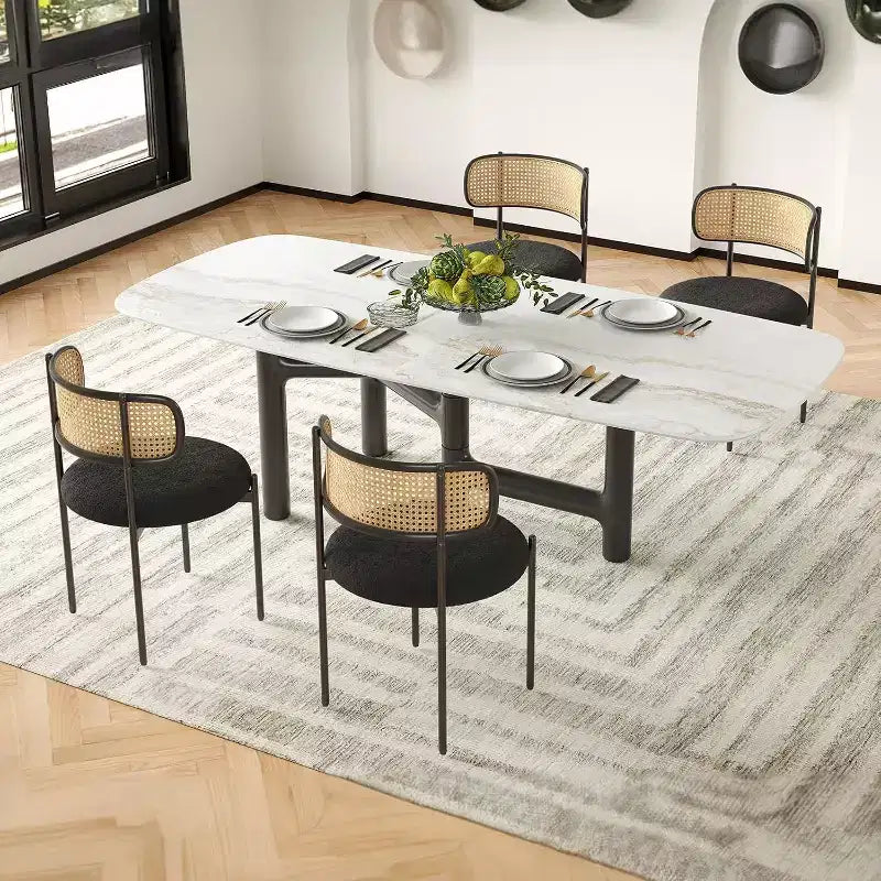 Chaises de salle à manger modernes rembourrées, lot de 4, dossier en rotin, chaises d'appoint de cuisine avec pieds en métal, rose