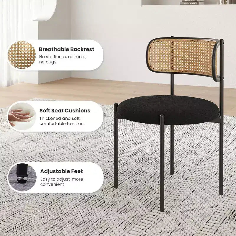Chaises de salle à manger modernes rembourrées, lot de 4, dossier en rotin, chaises d'appoint de cuisine avec pieds en métal, rose