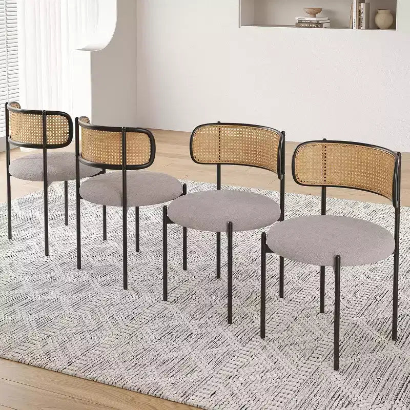 Chaises de salle à manger modernes rembourrées, lot de 4, dossier en rotin, chaises d'appoint de cuisine avec pieds en métal, rose