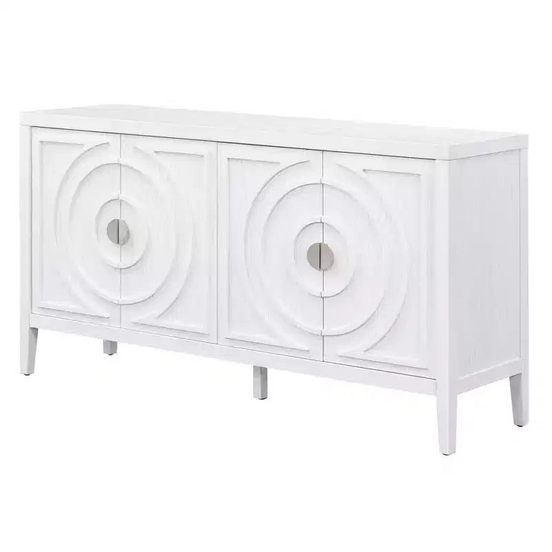 Enfilade rétro Hostack avec motif rainuré circulaire, poignée de porte ronde en métal pour entrée, salle à manger et salon, blanche