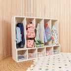 Portemanteau-vestiaire 5 sections avec banc et 5 bacs avant évidés pour tout-petits ECR4Kids Streamline