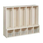 Portemanteau-vestiaire 5 sections avec banc et 5 bacs avant évidés pour tout-petits ECR4Kids Streamline