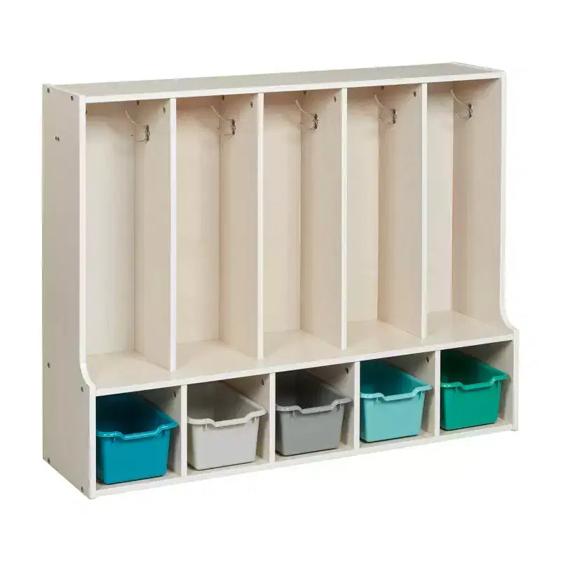 Portemanteau-vestiaire 5 sections avec banc et 5 bacs avant évidés pour tout-petits ECR4Kids Streamline