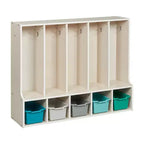 Portemanteau-vestiaire 5 sections avec banc et 5 bacs avant évidés pour tout-petits ECR4Kids Streamline