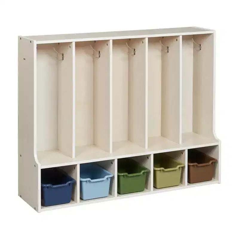 Portemanteau-vestiaire 5 sections avec banc et 5 bacs avant évidés pour tout-petits ECR4Kids Streamline