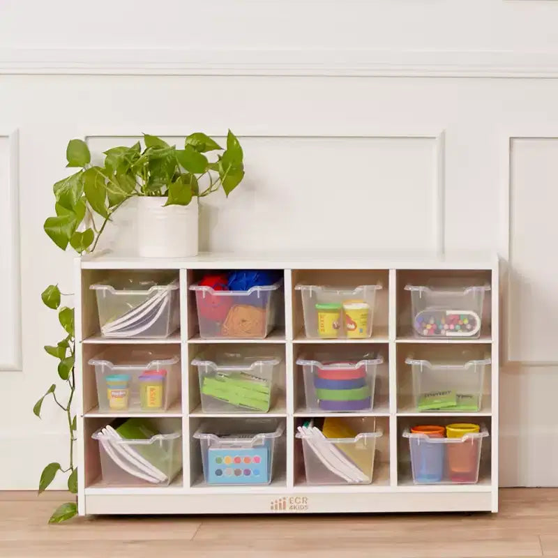 Meuble de rangement mobile ECR4Kids à 12 casiers et 15 bacs Scoop Front, 3x4, mobilier pour enfants
