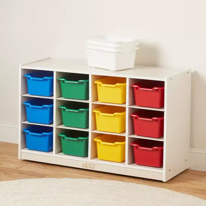 Meuble de rangement mobile ECR4Kids à 12 casiers et 15 bacs Scoop Front, 3x4, mobilier pour enfants