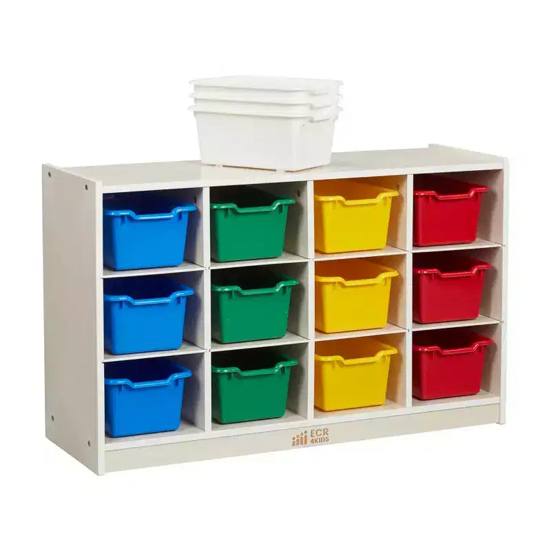 ECR4Kids 12 Cubby Mobile Tray Cabinet and 15 Scoop Front Bins, 3x4, Kids Furniture