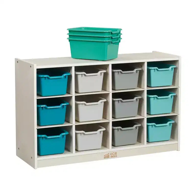 Meuble de rangement mobile ECR4Kids à 12 casiers et 15 bacs Scoop Front, 3x4, mobilier pour enfants