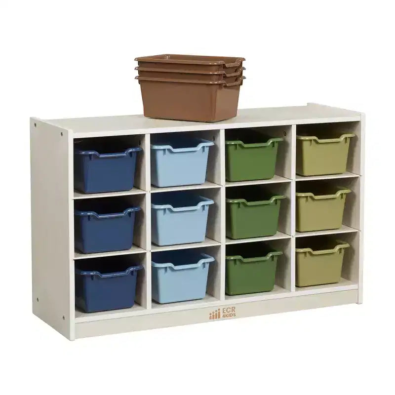 Meuble de rangement mobile ECR4Kids à 12 casiers et 15 bacs Scoop Front, 3x4, mobilier pour enfants