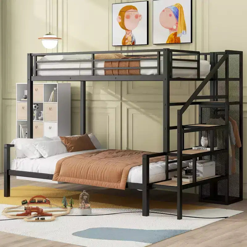 Twin over Full Size Metal Bunk Bed with Storage Staircase, Heavy-Duty Steel Bed Frame with Open Wardrobe for Kids Teens Adults, Black