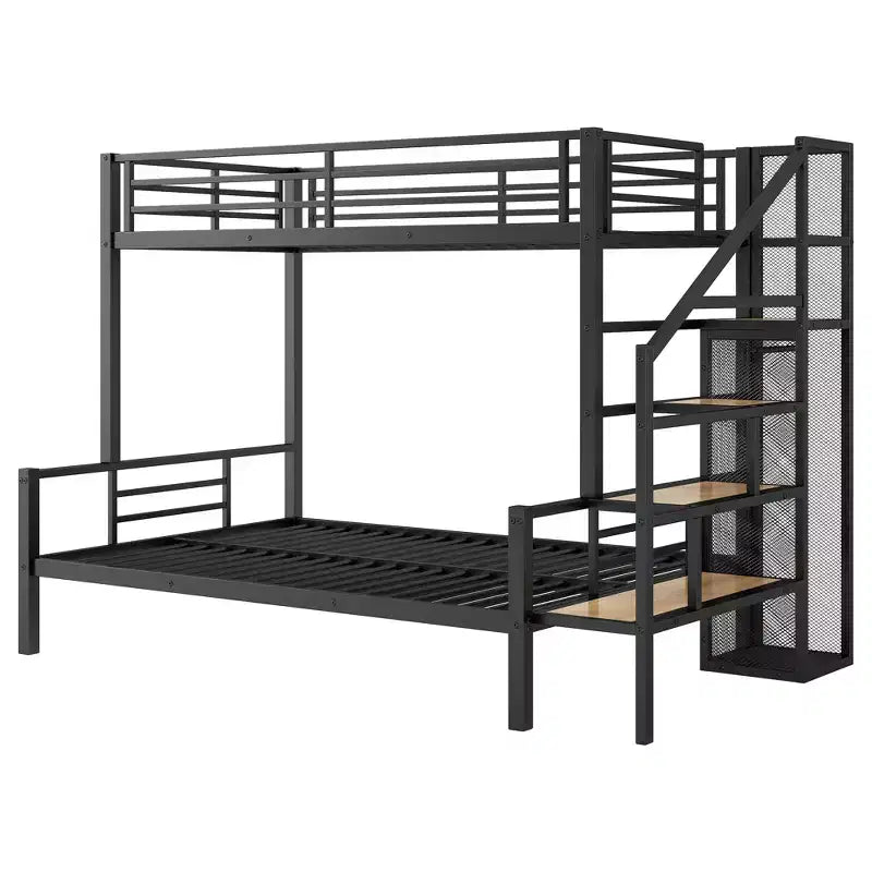Lit superposé en métal une place et demi avec escalier de rangement, cadre de lit en acier robuste avec armoire ouverte pour enfants, adolescents et adultes, noir