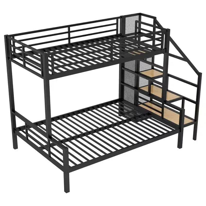 Lit superposé en métal une place et demi avec escalier de rangement, cadre de lit en acier robuste avec armoire ouverte pour enfants, adolescents et adultes, noir