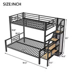 Lit superposé en métal une place et demi avec escalier de rangement, cadre de lit en acier robuste avec armoire ouverte pour enfants, adolescents et adultes, noir