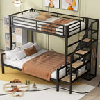 Lit superposé en métal une place et demi avec escalier de rangement, cadre de lit en acier robuste avec armoire ouverte pour enfants, adolescents et adultes, noir