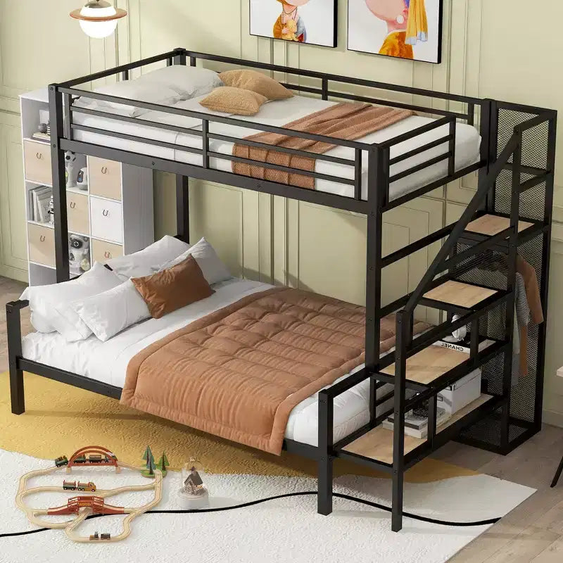 Lit superposé en métal une place et demi avec escalier de rangement, cadre de lit en acier robuste avec armoire ouverte pour enfants, adolescents et adultes, noir