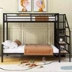 Lit superposé en métal une place et demi avec escalier de rangement, cadre de lit en acier robuste avec armoire ouverte pour enfants, adolescents et adultes, noir